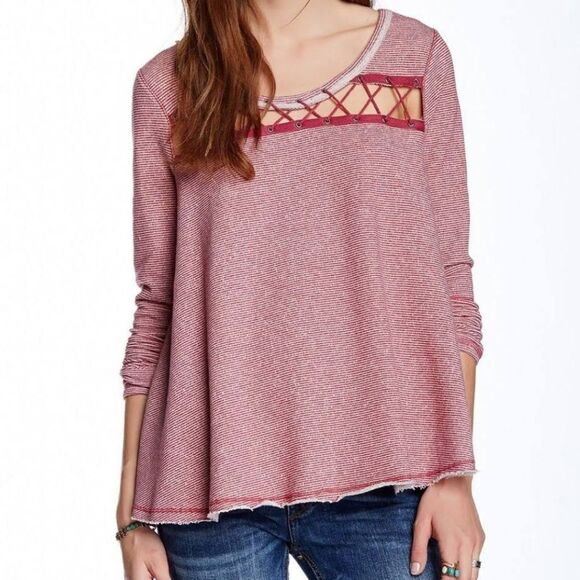 Free People Lacey Love Cutout Top French Terry Soft Berry Stripe Pullover - Picture 2 of 15